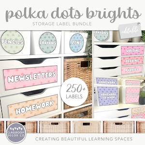 POLKA DOTS ‘BRIGHTS’ Storage Label Bundle, Classroom Organization Labels, Bright Rainbow Classroom Display Decor, Modern Dotty Class Decor