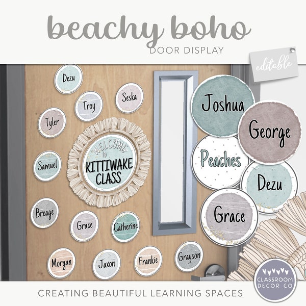 BEACHY BOHO Classroom Door Display, Customizable Display, Classroom Printables, Neutral Decor, Coastal Boho Welcome Entrance Sign