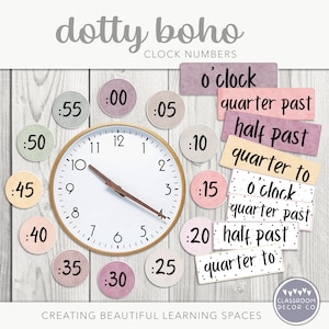 DOTTY BOHO Clock Numbers, Clock Printables, Classroom Printables, Neutral Boho Classroom Decor, Modern Dotty Class Decor