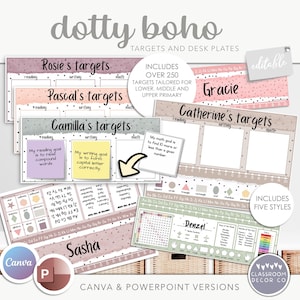 Bersagli e piatti da scrivania DOTTY BOHO con modelli di bersaglio precompilati e personalizzabili, bersagli individuali, decorazioni di classe Boho Neutral