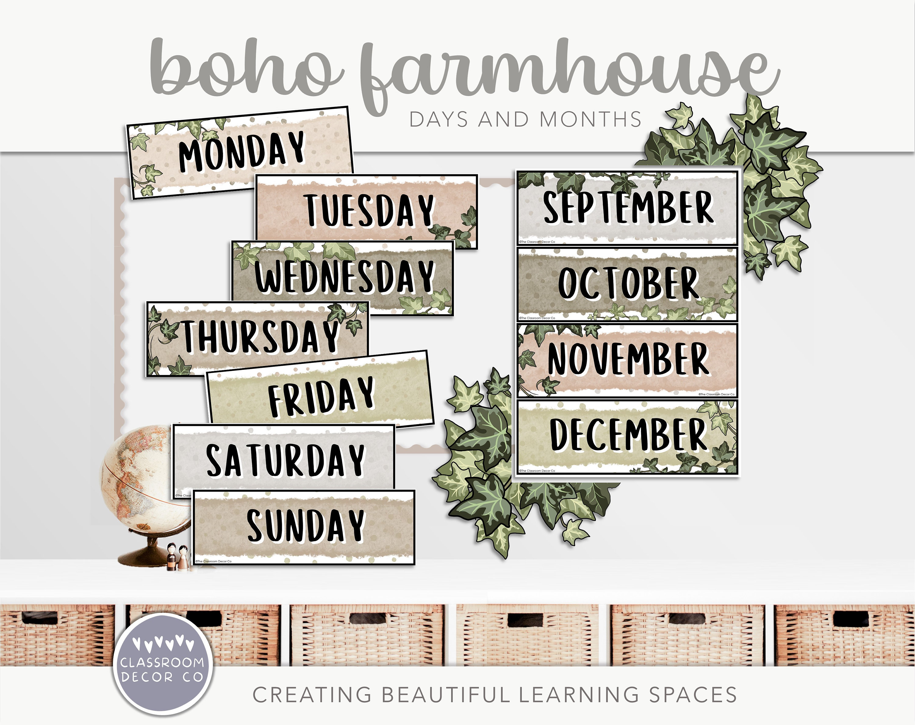 BOHO FARMHOUSE Days and Months Display, Days of the Week Display, Months of the Year Display, Modern Farmhouse Classroom Decor