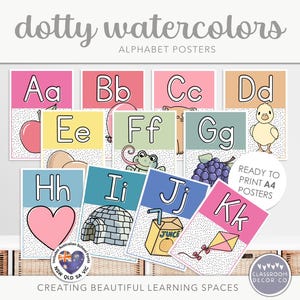 DOTTY WATERCOLOR Alphabet Posters, Classroom Letters Display, Letter Formation Posters, Bright Rainbow Classroom Decor, Modern Spots Decor