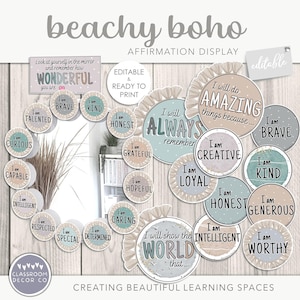 BEACHY BOHO Affirmation Display, Selbstwertgefühl Klassenzimmer Display, Positivitätsklasse Poster, Rustikale Küstenschule SEMH Bulletin Board
