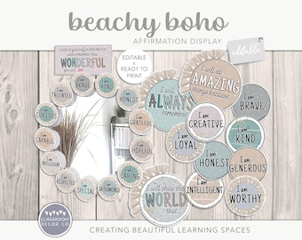 BEACHY BOHO Affirmation Display, Self Esteem Classroom Display, Positivity Class Posters,  Rustic Coastal School SEMH Bulletin Board