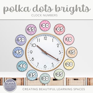 POLKA DOTS ‘BRIGHTS’ Clock Numbers, Clock Printables, Classroom Printables, Bright Dotty Classroom Decor, Modern Rainbow Decor
