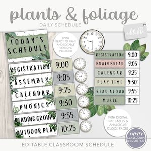 PLANTAS Y FOLLAJE Horario diario del aula, Organizador de visualización de horarios del aula, Plantas modernas Decoración del aula boho, Decoración moderna de vegetación