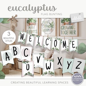 May include: Eucalyptus themed classroom banner featuring the words "Welcome", "ABC", "UVW", and "XYZ" in a green and white colour scheme. The banner is decorated with eucalyptus leaves and polka dots. The banner is editable and comes in three different styles.