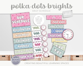 Programma giornaliero POLKA DOTS 'BRIGHTS', Organizzatore di visualizzazione degli orari in classe, Arredamento luminoso e moderno per l'aula a pois, Aula luminosa e chiazzata