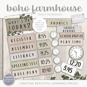 BOHO FARMHOUSE Horario diario, Organizador de visualización de horarios de aula, Horario visual boho, Decoración moderna del aula Boho de la granja