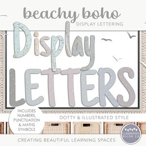 Letras de exibição BEACHY BOHO, letras de sala de aula de quadro de avisos, título de cabeçalho boho moderno, decoração de sala de aula, decoração de classe costeira neutra e calma