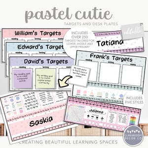May include: A set of pastel-colored printable classroom targets and desk plates. The targets are designed for reading, writing, and math. The desk plates feature a variety of designs, including a number line, a letter chart, and a shape chart. The text "pastel cutie" is at the top of the image. The text "INCLUDES OVER 250 TARGETS TAILORED FOR LOWER, MIDDLE AND UPPER PRIMARY" is in the upper right corner of the image. The text "INCLUDES FIVE STYLES" is in the lower right corner of the image.