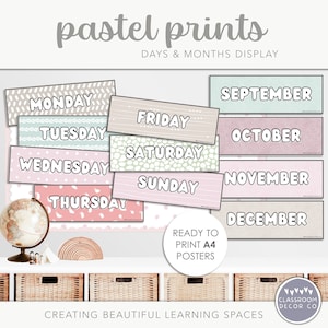 PASTEL PRINTS Days and Months Display, Days of the Week Display, Months of the Year Display, Pastel Classroom Decor, Modern Teacher Prints