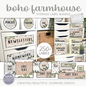 BOHO FARMHOUSE Storage Label Bundle, Classroom Organization Labels, Modern Farmhouse Classroom Display Decor, Rustic Boho Class Decor