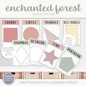May include: Set of 8 printable posters featuring different geometric shapes, including a square, circle, triangle, rectangle, rhombus, octagon, star, and pentagon. The posters have a white background with black polka dots and are decorated with pastel colors.