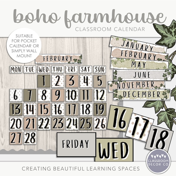 BOHO FARMHOUSE Klassenzimmer Kalender, Moderner Bauernhaus Klassenzimmer Kalender Display, Boho Klassenzimmer Dekor, Modernes Grün, Rustikale Klassen Dekor