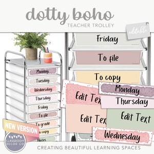 DOTTY BOHO Leraar Rolling Cart Labels, bewerkbaar, neutraal klasdecor, Boho klasdecor