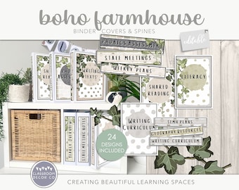 BOHO FARMHOUSE Binder Covers and Spines, Custom Classroom Organization Labels, Modern Farmhouse Class Decor, Rustic Classroom Display Decor