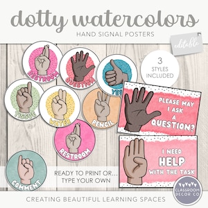 DOTTY WATERCOLORS Hand Signal Posters, Editable Classroom Communication, Modern Learning Resources, Spotty Class Decor