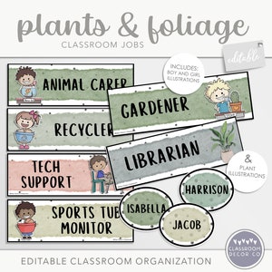 PLANTAS E FOLIAGE Empregos em sala de aula, exibição editável de trabalhos em sala de aula, recursos de aprendizagem modernos, decoração moderna de classe de plantas Boho