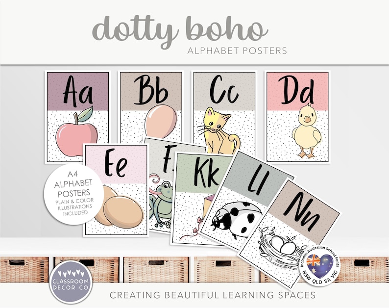 Pôsteres do alfabeto DOTTY BOHO, decoração neutra para sala de aula, decoração para sala de aula do ensino fundamental, decoração para sala de aula do ensino fundamental imagem 1