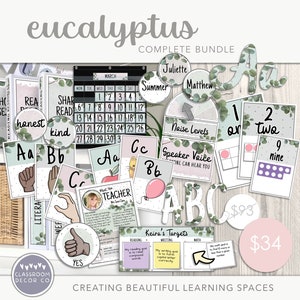 EUCALYPTUS Complete Classroom Display Bundle, Customizable Display, Classroom Printables Decor, Modern Boho Plants, Modern Greenery