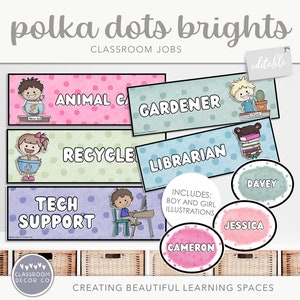 POLKA DOTS ‘BRIGHTS’ Classroom Jobs, Editable Classroom Jobs Display, Modern Learning Resources, Modern Rainbow Class Decor Display