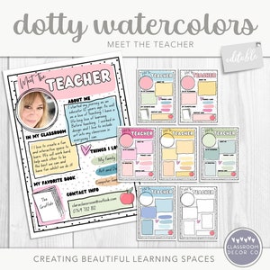 DOTTY WATERCOLOR Meet the Teacher, Editable, Bright Rainbow Classroom Decor