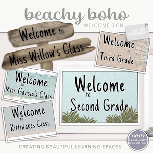 BEACHY BOHO Welcome Sign, Customizable Classroom Sign, Classroom Printables, Modern Neutral Coastal Classroom Decor, Dotty Decor
