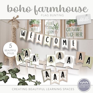 BOHO FARMHOUSE Bandera Bunting, Exhibición personalizada del aula, Exhibición de letras del encabezado del aula, Letras del tablón de anuncios del aula