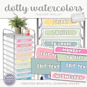 DOTTY WATERCOLOR 教師用ローリングカートラベル、編集可能、明るいレインボー教室装飾