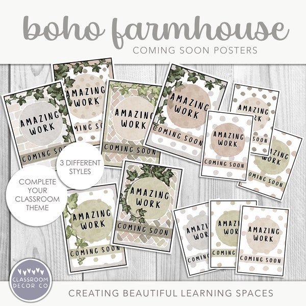 BOHO FARMHOUSE Coming Soon Posters, Modern Farmhouse Classroom Display Decor, Rustic Farmhouse Classroom Decor, Modern Greenery