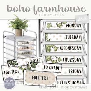 BOHO FARMHOUSE 教師用トロリーラベル、10 引き出しローリングカートラベルバンドル、モダンな植物の教室ディスプレイ装飾、Boho 植物の装飾
