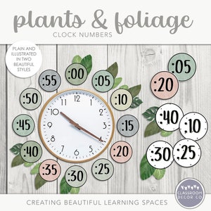 PLANTS & FOLIAGE Clock Numbers, Clock Printables, Classroom Printables, Natural Boho Plants Classroom Decor, Modern Greenery