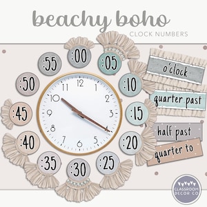 May include: A set of printable clock numbers with a beachy boho theme. The numbers are displayed on a white background with a light brown and light blue colour scheme. The numbers are surrounded by a fringe trim. The text "o'clock", "quarter past", "half past", and "quarter to" are also included.