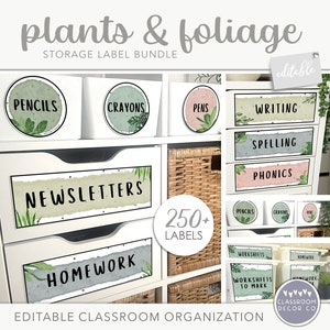 Paquete de etiquetas de almacenamiento de PLANTAS Y FOLLAJE, Etiquetas de organización del aula, Decoración de exhibición del aula de plantas modernas, Decoración de clase de plantas boho