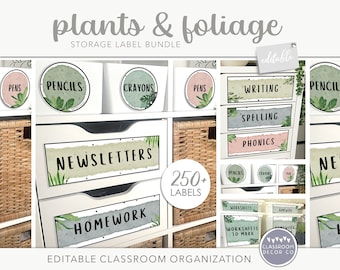 PFLANZEN & FOLIAGE Aufbewahrungsetiketten-Set, Etiketten zur Klassenzimmer-Organisation, moderne Pflanzen-Klassenzimmer-Dekoration, Boho-Pflanzen-Klassen-Dekor