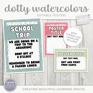 DOTTY WATERCOLOR Editable Classroom Posters, Customizable Display, Classroom Printables, Bright Rainbow Classroom Decor