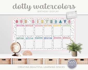 DOTTY WATERCOLOR Classroom Birthday Display, Editable, Bright Rainbow Classroom Decor