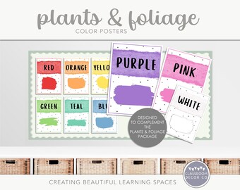 Könnte beinhalten: Farbposter mit den Worten "plants & foliage" oben. Jedes Poster zeigt einen Farbnamen und einen passenden Farbfleck. Zu den Farben gehören Rot, Orange, Gelb, Lila, Rosa, Grün, Türkis, Blau und Weiß.