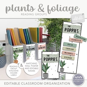 Könnte beinhalten: Editierbare Klassenzimmer-Organisations-Etiketten mit Pflanzen- und Blattwerk-Motiv. Die Etiketten zeigen Illustrationen von Topfpflanzen und die Wörter "The Willows", "The Blossoms", "The Azaleas" und "The Poppies". Die Etiketten sind für die Verwendung mit Zeitschriftenhaltern oder Ordnern konzipiert.
