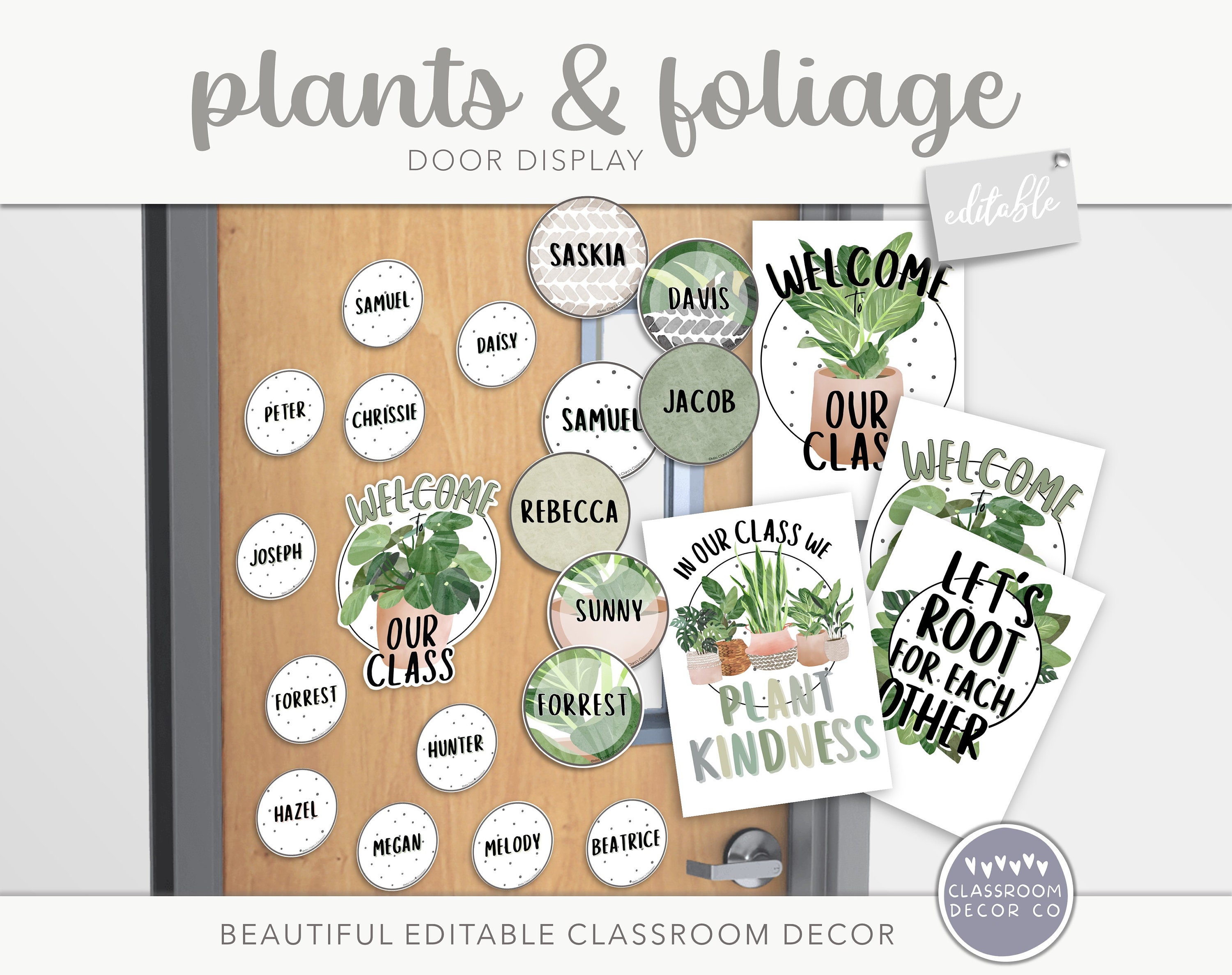 Plantes et feuillages Présentoir de porte de classe, présentoir personnalisable, documents à imprimer pour la classe, décoration de salle de classe plantes bohèmes modernes, verdure moderne