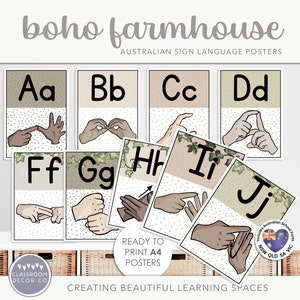 BOHO FARMHOUSE AUSLAN Sign Language Posters, Australian Sign Language, Inclusive Classroom Display, Modern Boho Plants Class Decor