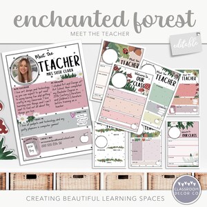 Op de afbeelding: Een set printbare klasdecoratie met een sprookjesachtig betoverd bos-thema. De set bevat een sjabloon voor een kennismaking met de leraar, een sjabloon voor een welkom in onze klas en een sjabloon voor het voorstellen van de klas. De sjablonen zijn in een roze, groene en bruine kleurstelling en bevatten illustraties van paddenstoelen, bloemen en lieveheersbeestjes.