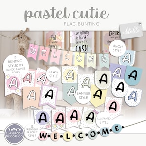 May include: Pastel colored printable bunting banner with the word "WELCOME" in different styles. The bunting is made up of flags, banners, and illustrated circles. The bunting is editable and can be used for a variety of occasions.