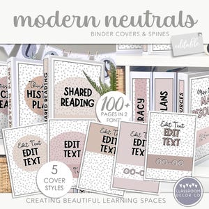 May include: A collection of binder covers and spines with the text "modern neutrals". The covers feature a polka dot pattern and editable text areas. The set includes covers for "Shared Reading", "Math Resources", and more. The text "Creating Beautiful Learning Spaces" is also visible.