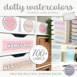 DOTTY WATERCOLOR Storage Label Bundle, Editable, Bright Rainbow Classroom Decor