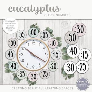May include: A decorative set of eucalyptus-themed clock numbers and a clock face. The clock face has a gold rim and brown hands. The numbers are in a variety of pastel colors and are surrounded by eucalyptus leaves. The text "eucalyptus clock numbers" is at the top.