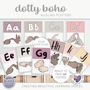 DOTTY BOHO Auslan Sign Language Posters, AUSLAN Display, Inclusive Classroom Display, Neutral Modern Dotty Class Decor