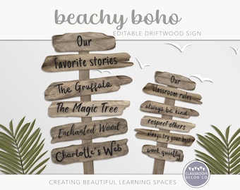BEACHY BOHO Editable Driftwood Style Sign, Classroom Reading Corner, School Rules Display, Rustic Coastal Boho Class Decor, Bulletin Board