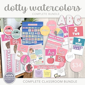 DOTTY WATERCOLOR Complete Bundle, Classroom Labels, Custom Classroom Displays, Spotty Classroom Decor, Bright Rainbow Classroom Decor